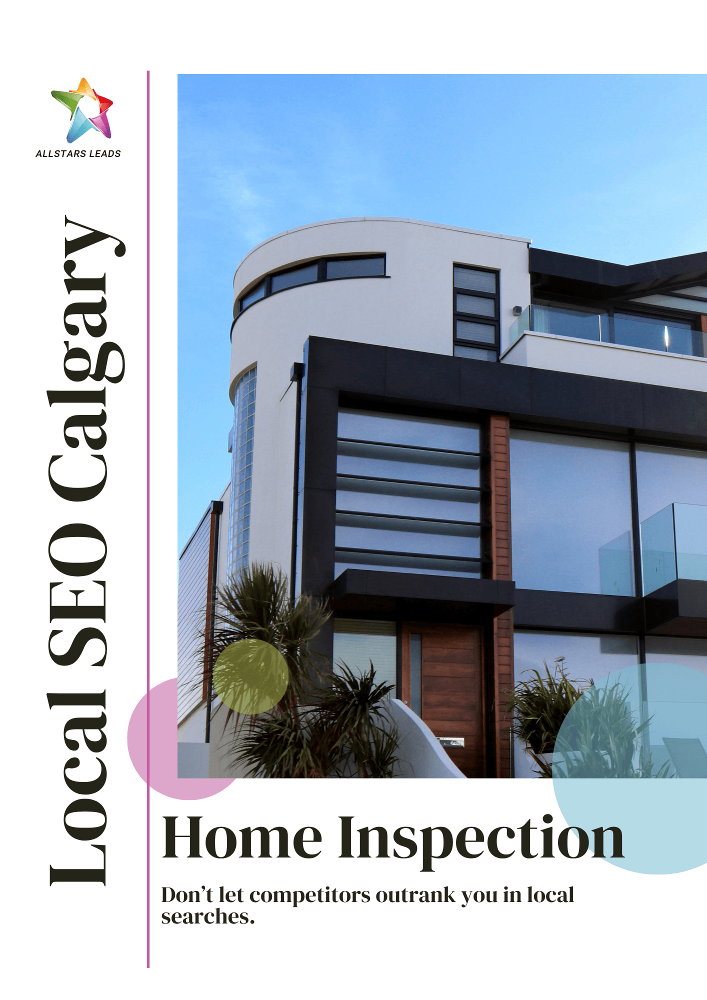 All Stars Leads report cover 'Local SEO Calgary: Home Inspection' with a vertical serif title and a modern house photo