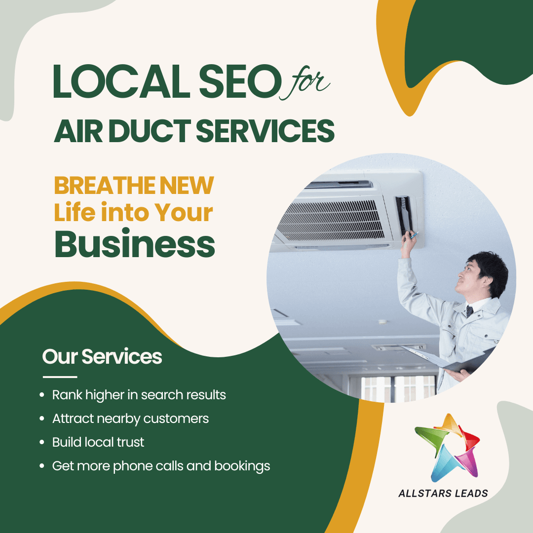 All Stars Leads social post 'Local SEO for Air Duct Services: Breathe New Life Into Your Business' with a technician inspecting an AC unit