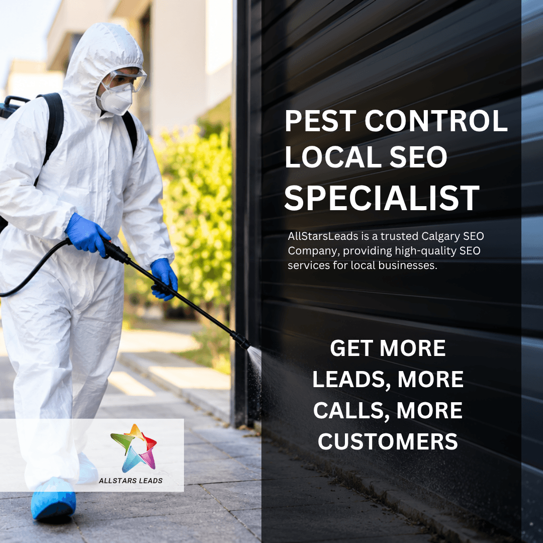 All Stars Leads post 'Pest Control Local SEO Specialist' with a technician spraying beside a dark panel of copy