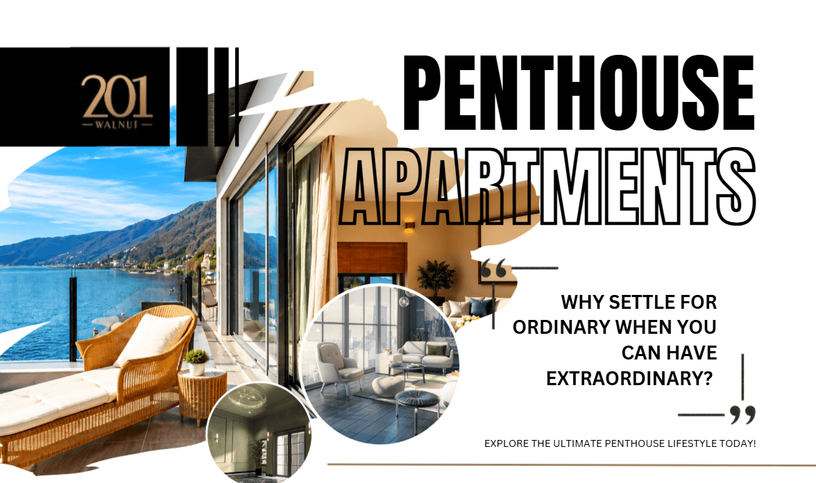 Wide banner 'Penthouse Apartments' in heavy black and outline type over a lakeside balcony with round interior inset photos
