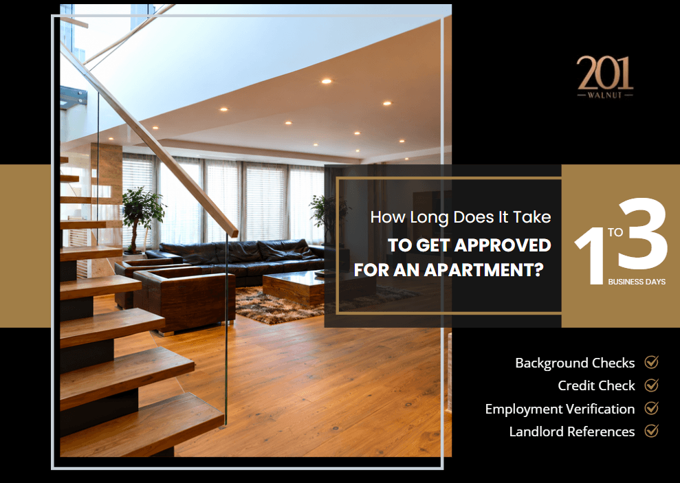 'How Long Does It Take to Get Approved for an Apartment?' with a large '1 to 3 business days' callout and four screening checks