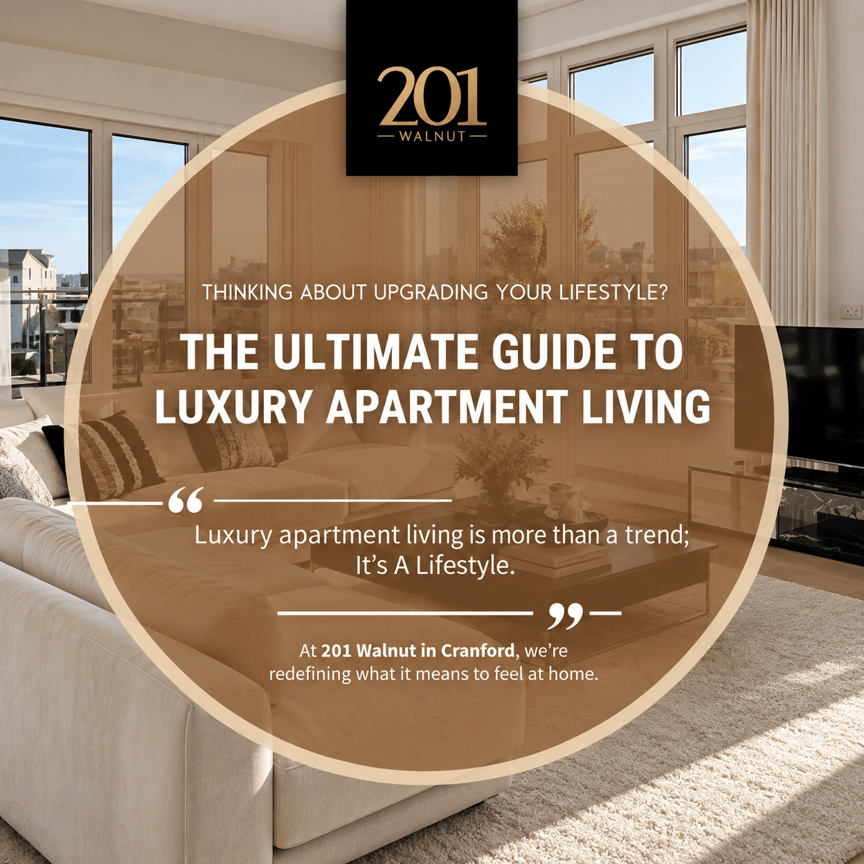 Square 'The Ultimate Guide to Luxury Apartment Living' set in a translucent amber circle over a sunlit living room