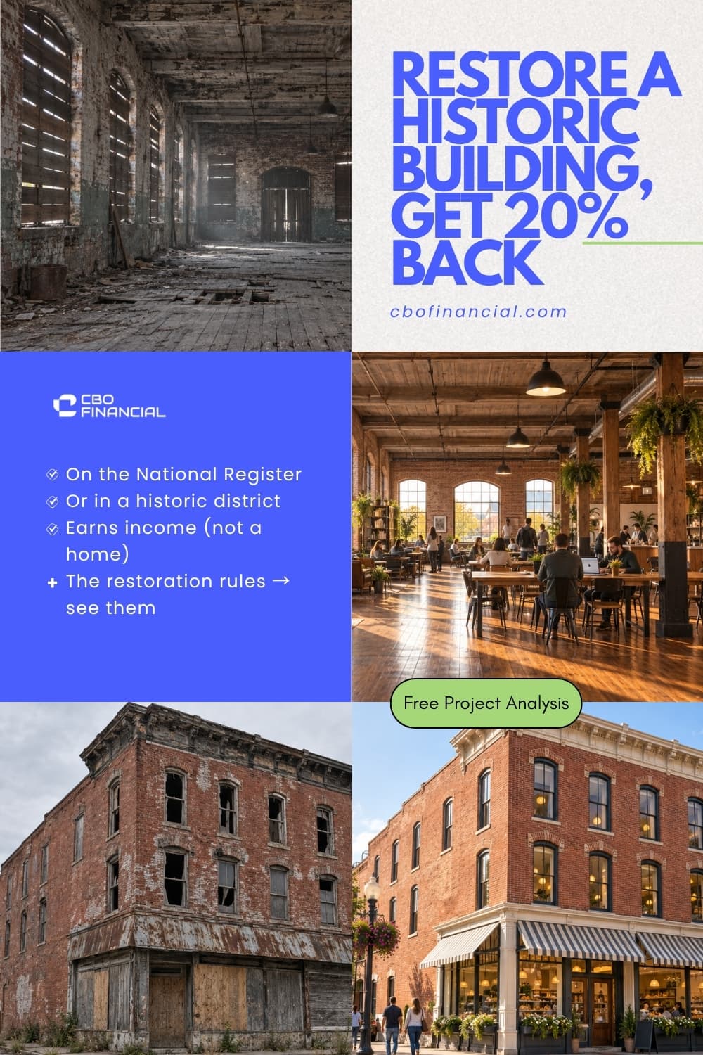 CBO Financial pin 'Restore a Historic Building, Get 20% Back' in a four-panel grid of derelict and restored brick buildings with an eligibility checklist