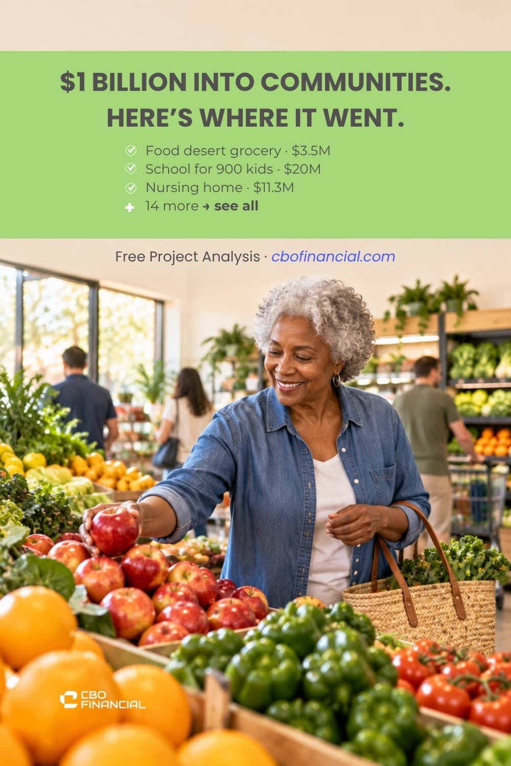 CBO Financial pin '$1 Billion Into Communities. Here's Where It Went.' listing funded projects above a woman choosing fresh produce