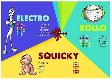 Electro, Rollo & Squicky — Cast Line-Up — graphic designed by Sundas Waqar
