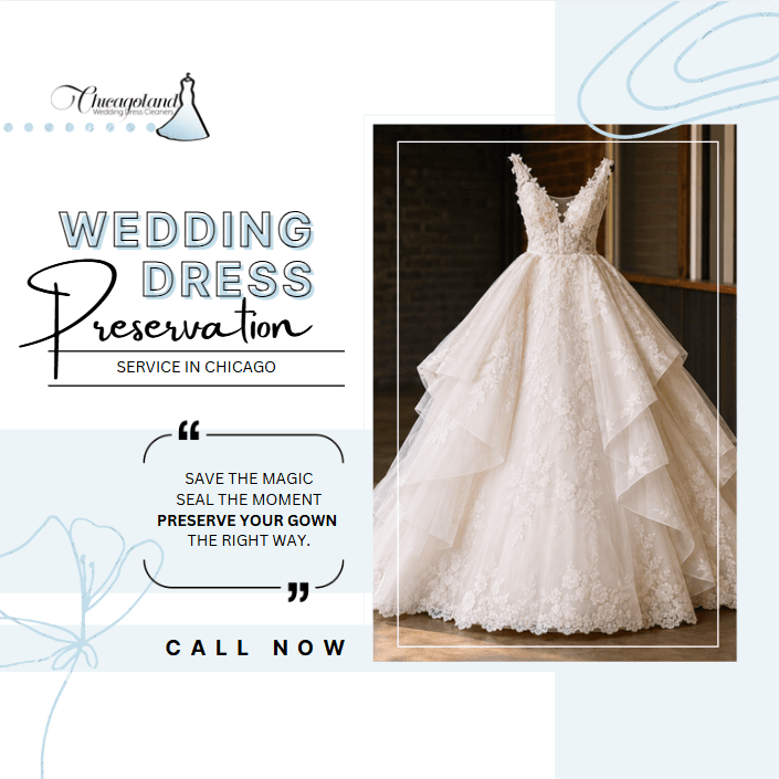 Square post 'Wedding Dress Preservation Service in Chicago' with a ball-gown photo, powder-blue line florals and a Call Now prompt