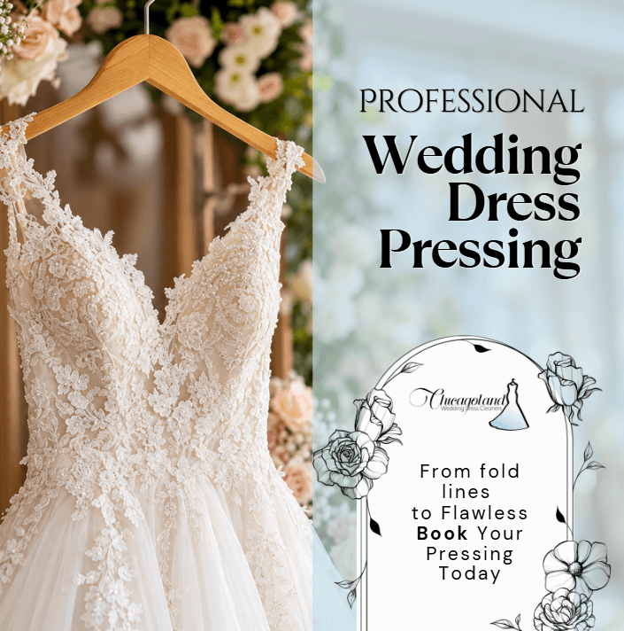 'Professional Wedding Dress Pressing' post with a lace gown on a wooden hanger and a line-art arch holding the logo and booking line