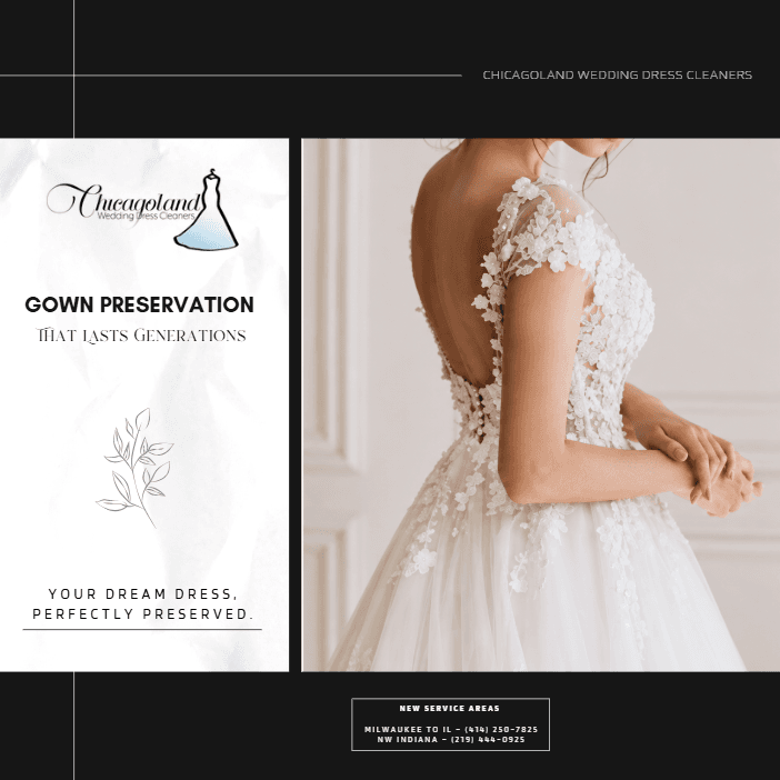 Black-framed 'Gown Preservation That Lasts Generations' post with a lace-back bridal photo and new service-area phone numbers