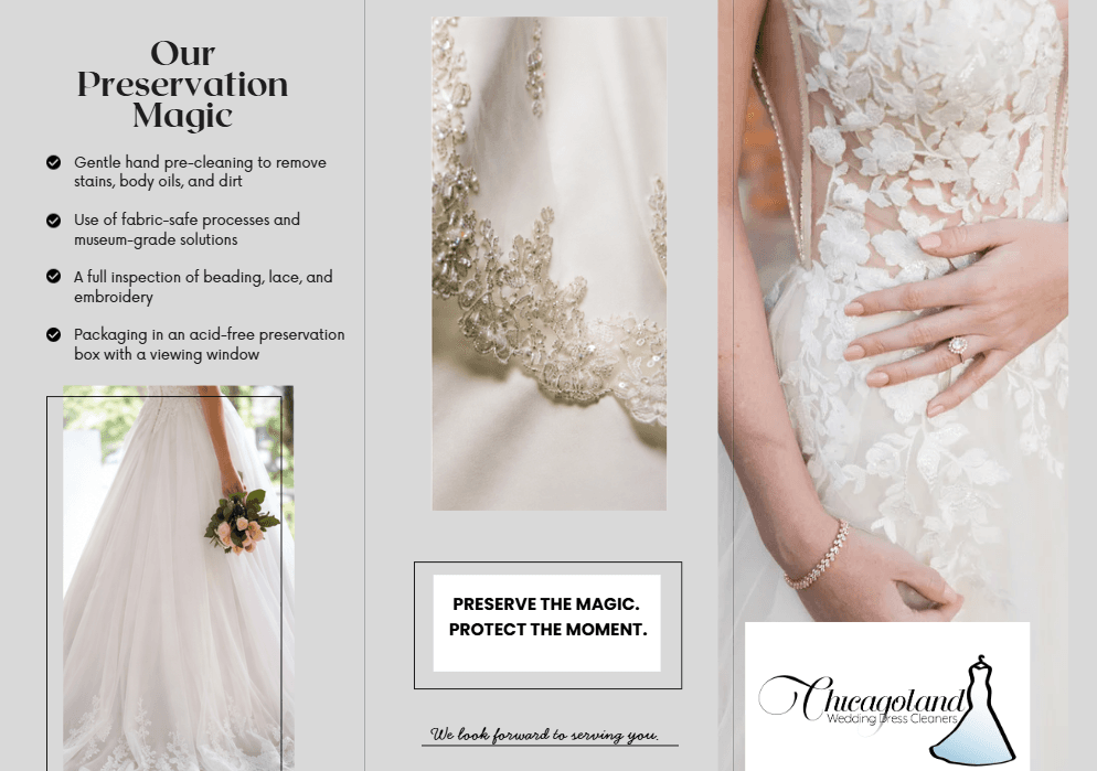 Landscape 'Our Preservation Magic' checklist of the four preservation steps beside close-up gown photos
