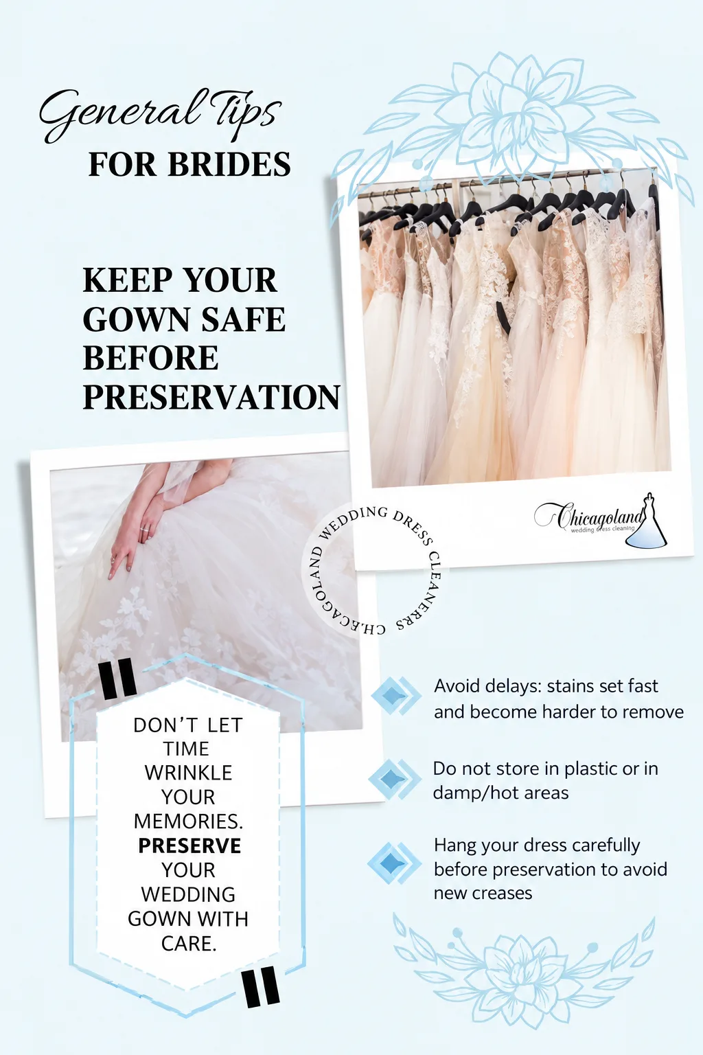 General Tips for Brides — Keep Your Gown Safe — graphic designed by Sundas Waqar