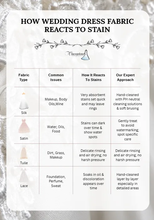 How Wedding Dress Fabric Reacts to Stains — graphic designed by Sundas Waqar