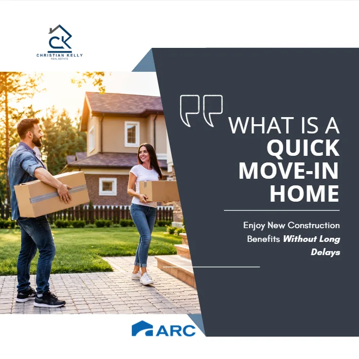 Couple carrying moving boxes to a new house beside the headline What is a Quick Move-In Home?