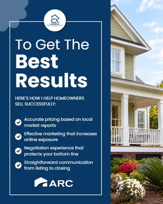 Navy post To Get The Best Results listing four ways the agent helps homeowners sell, beside a photo of a porch house