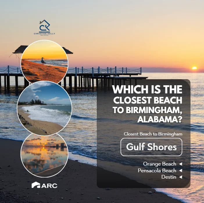 Sunset pier photo with three circular beach photos and the headline Which is the closest beach to Birmingham, Alabama? answered Gulf Shores