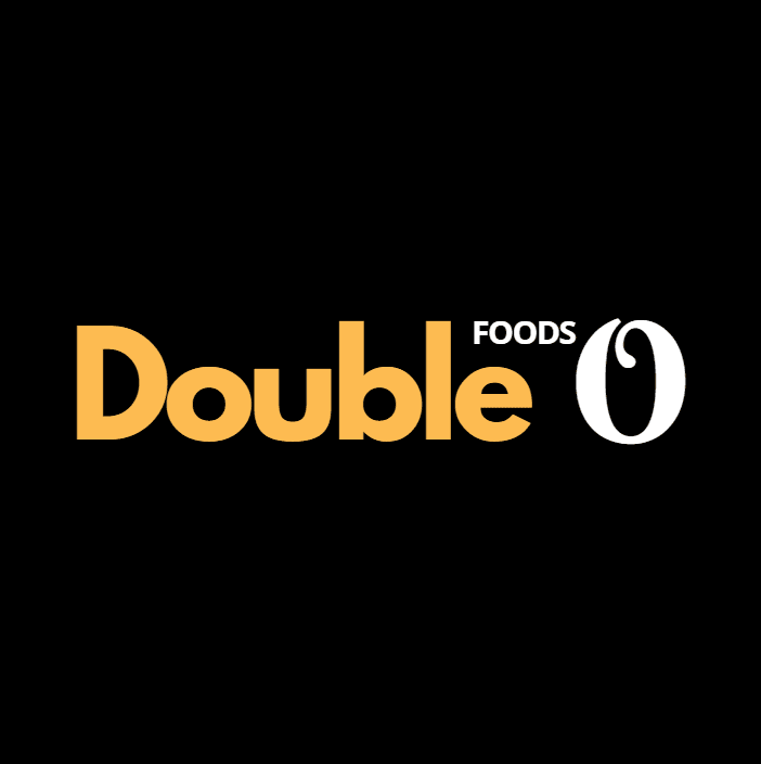 Double O Foods wordmark: 'Double' in bold mustard type with a small white 'FOODS' and a large white serif 'O', centered on black.