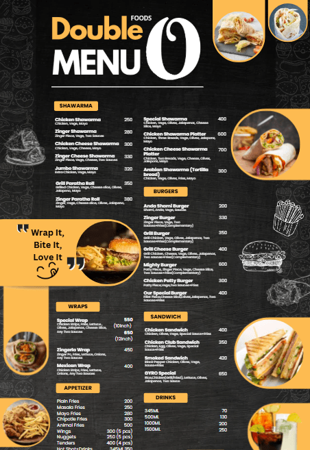 Restaurant menu design for Double Foods