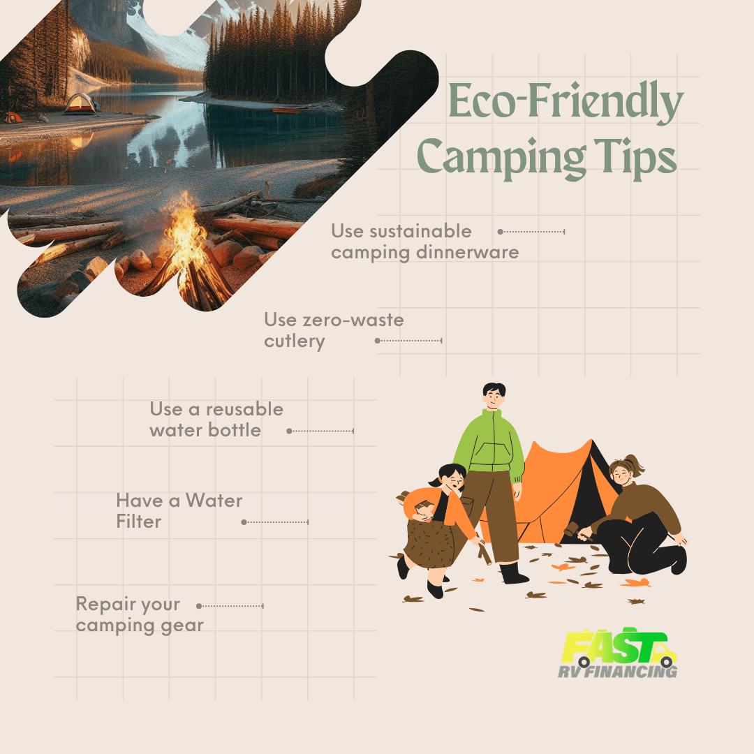 'Eco-Friendly Camping Tips' infographic with five tips on a beige grid, a lakeside campfire photo and an illustrated family pitching an orange tent.