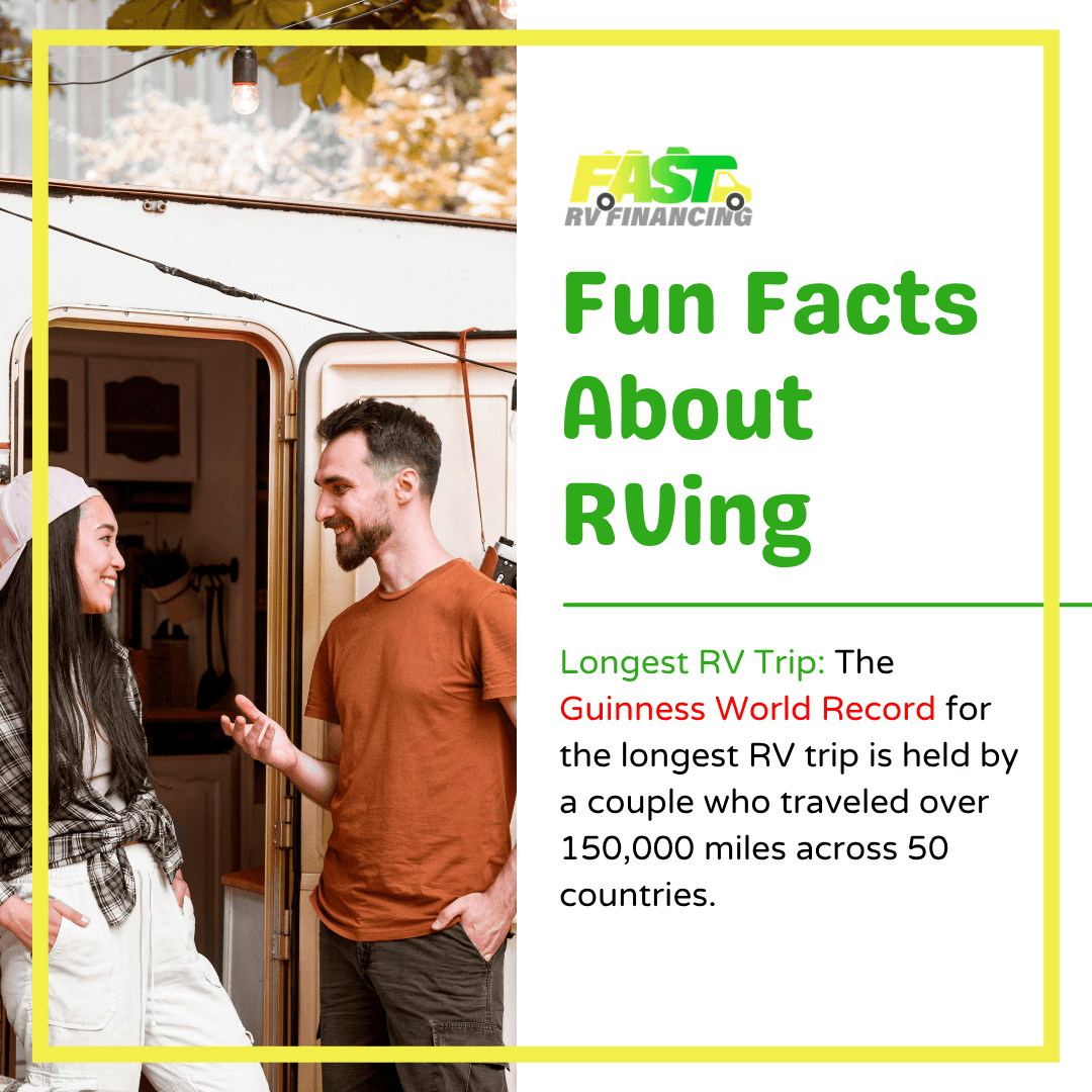 'Fun Facts About RVing' post in bold green inside a yellow frame, with a couple chatting at a vintage camper door and a Guinness World Record road-trip fact.