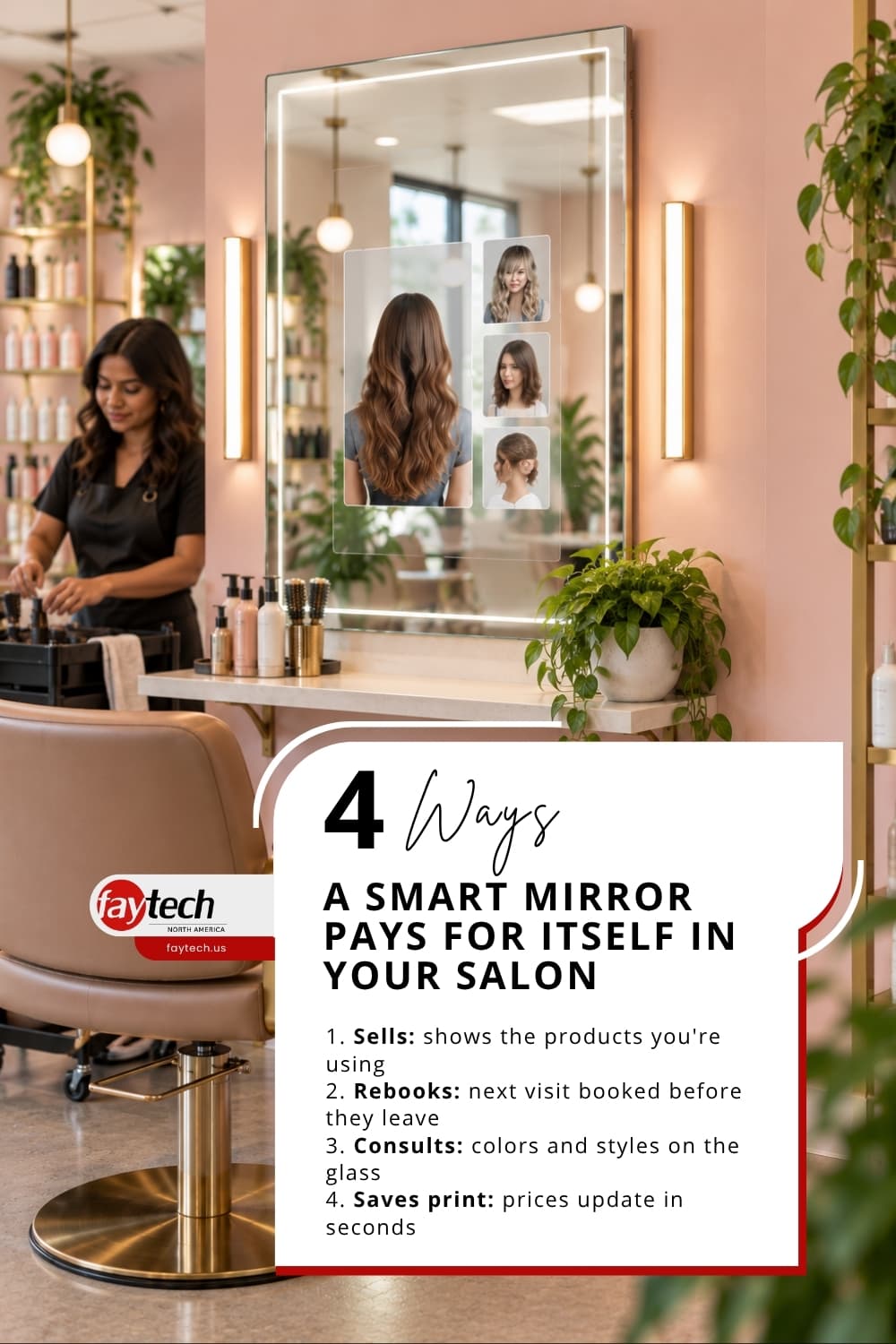 Faytech Pinterest pin reading '4 Ways a Smart Mirror Pays for Itself in Your Salon' over a pink salon with a smart mirror showing hairstyle options