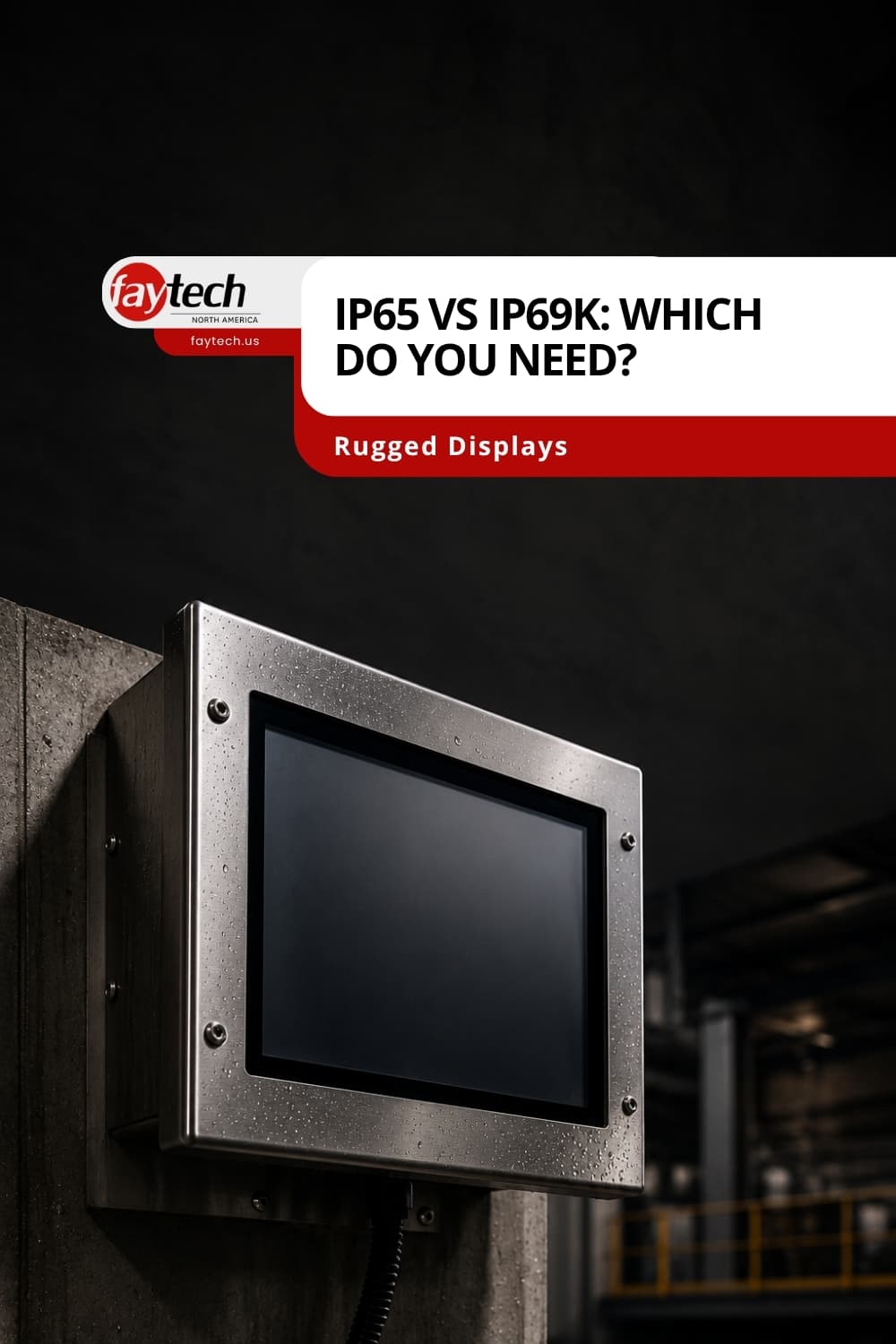 Dark Faytech pin asking 'IP65 vs IP69K: Which Do You Need?' above a wet stainless-steel rugged touchscreen