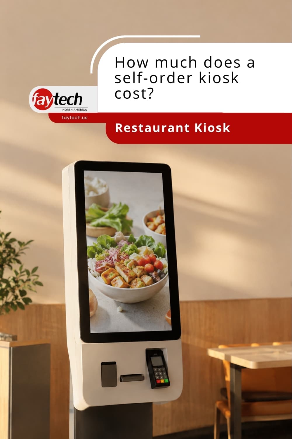 Faytech pin 'How much does a self-order kiosk cost?' with a white restaurant kiosk displaying a food menu