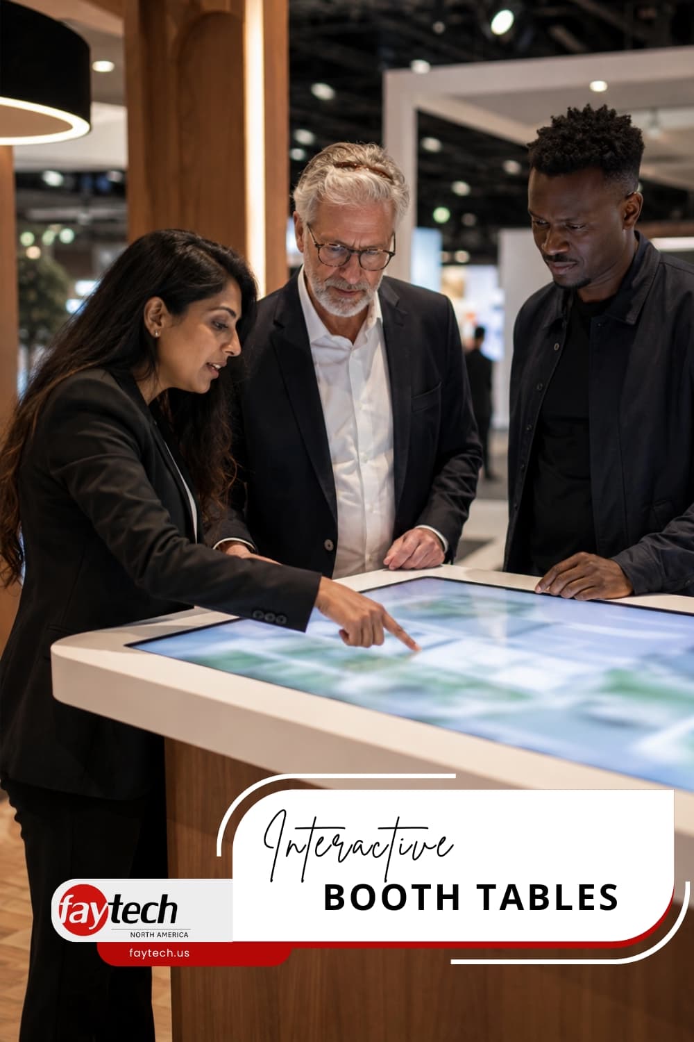 Faytech pin 'Interactive Booth Tables' showing three professionals around a touchscreen table at a trade show
