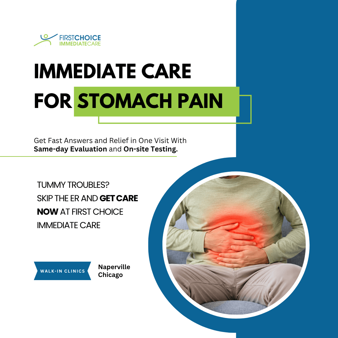 Square post 'Immediate Care for Stomach Pain' with a green highlight bar, a circular photo and Naperville and Chicago walk-in tags