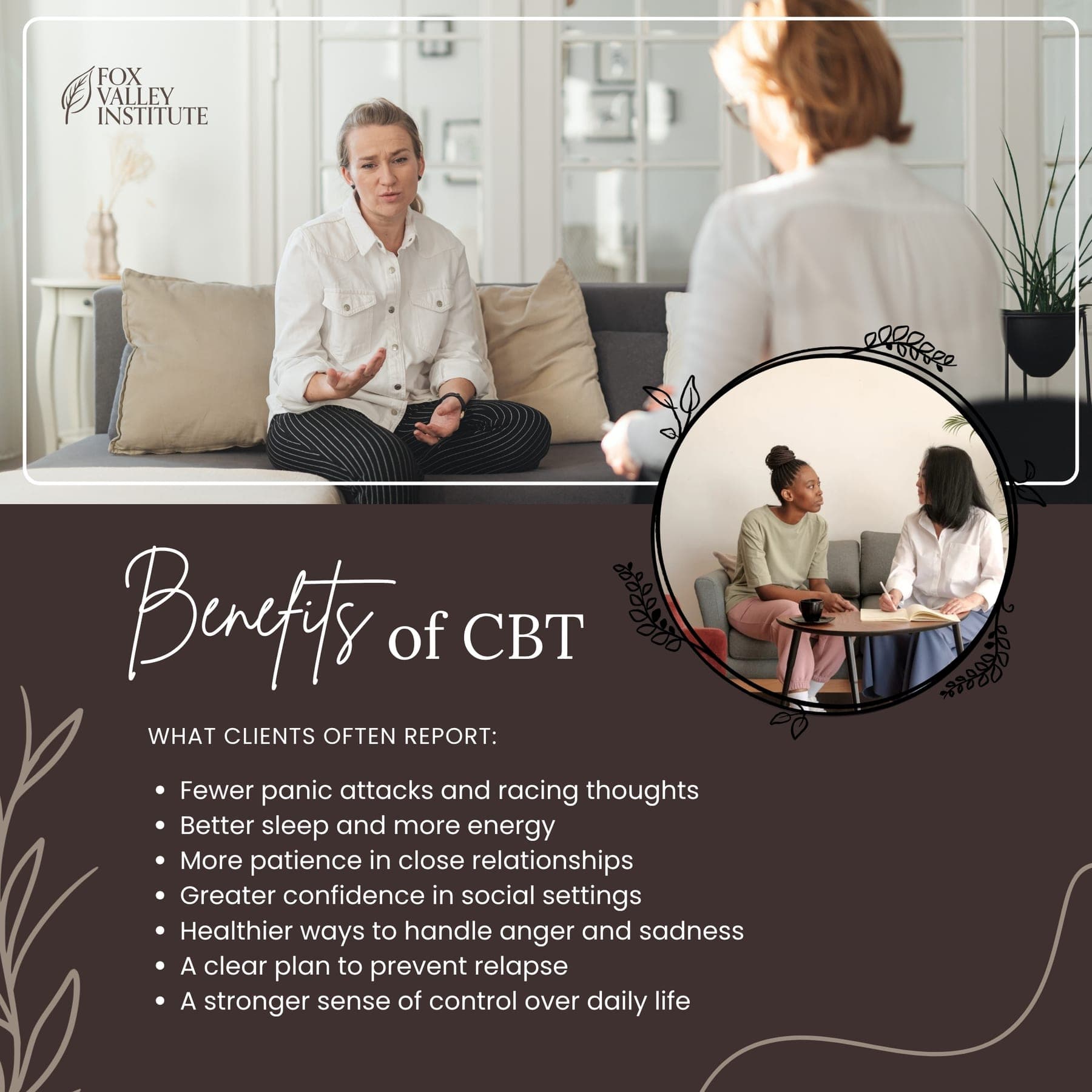 'Benefits of CBT' post in chocolate brown with a therapy-session photo and a bulleted list of client outcomes