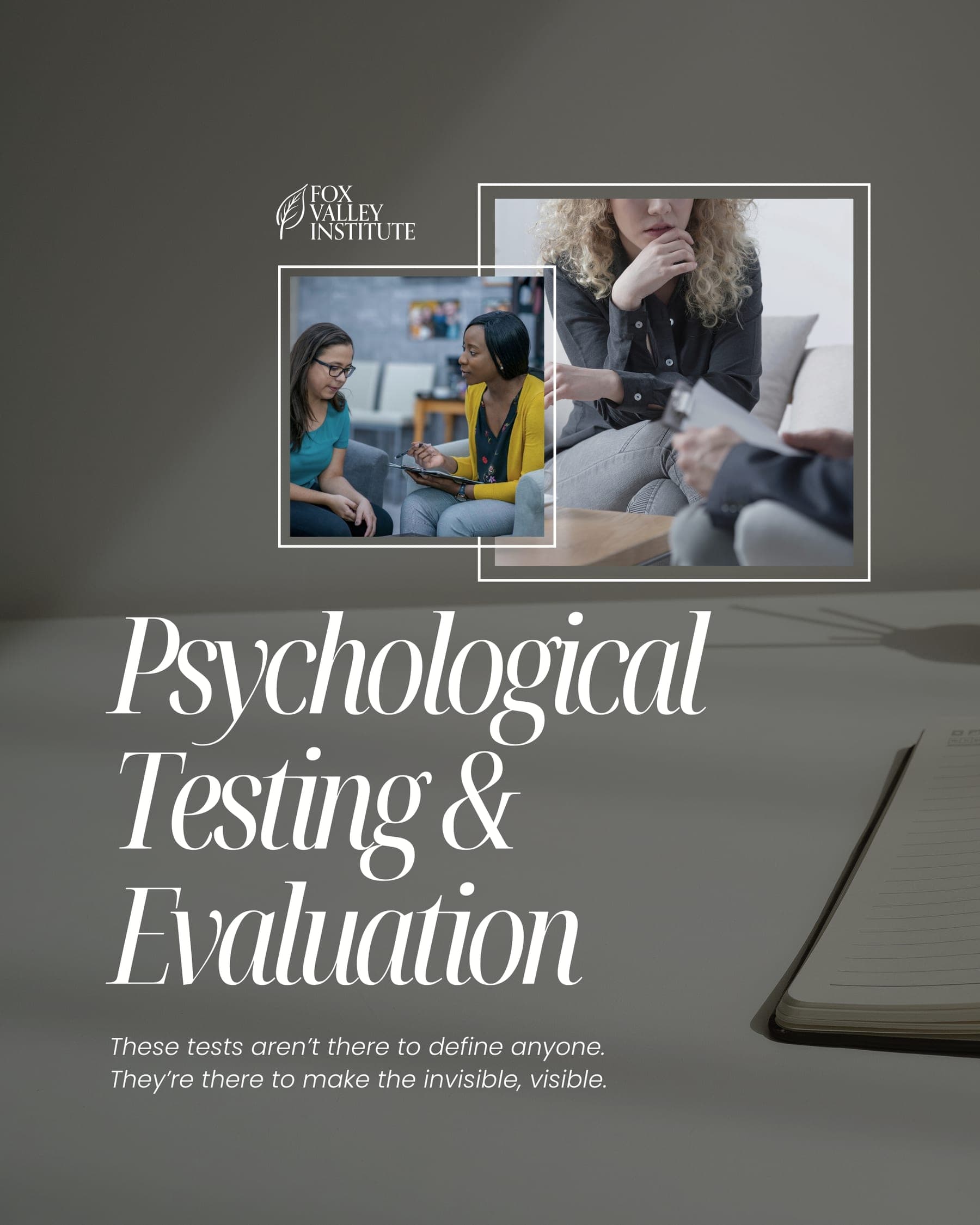Moody grey cover 'Psychological Testing & Evaluation' in tall serif italics with inset session photos