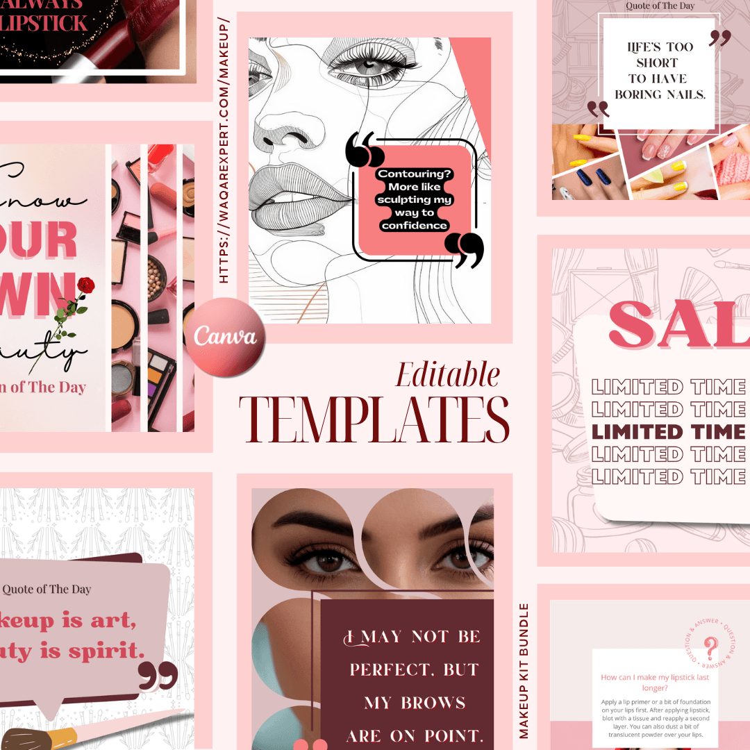 Collage of pink Canva Instagram templates from a makeup kit bundle: quote cards, a limited-time sale post, a Q&A card and an 'Editable Templates' title panel.