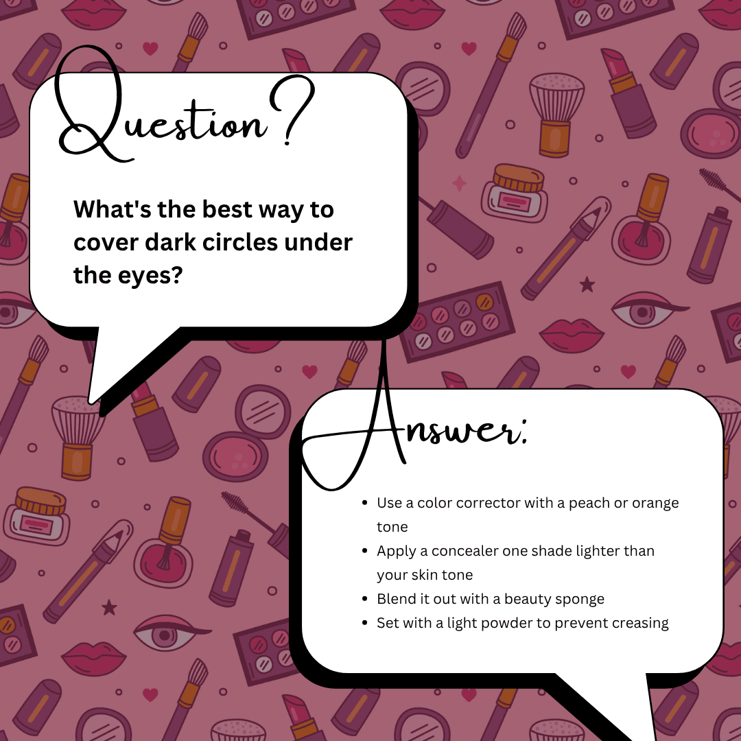 Q&A post on a mauve hand-drawn makeup pattern asking 'What's the best way to cover dark circles under the eyes?' with a four-step answer.