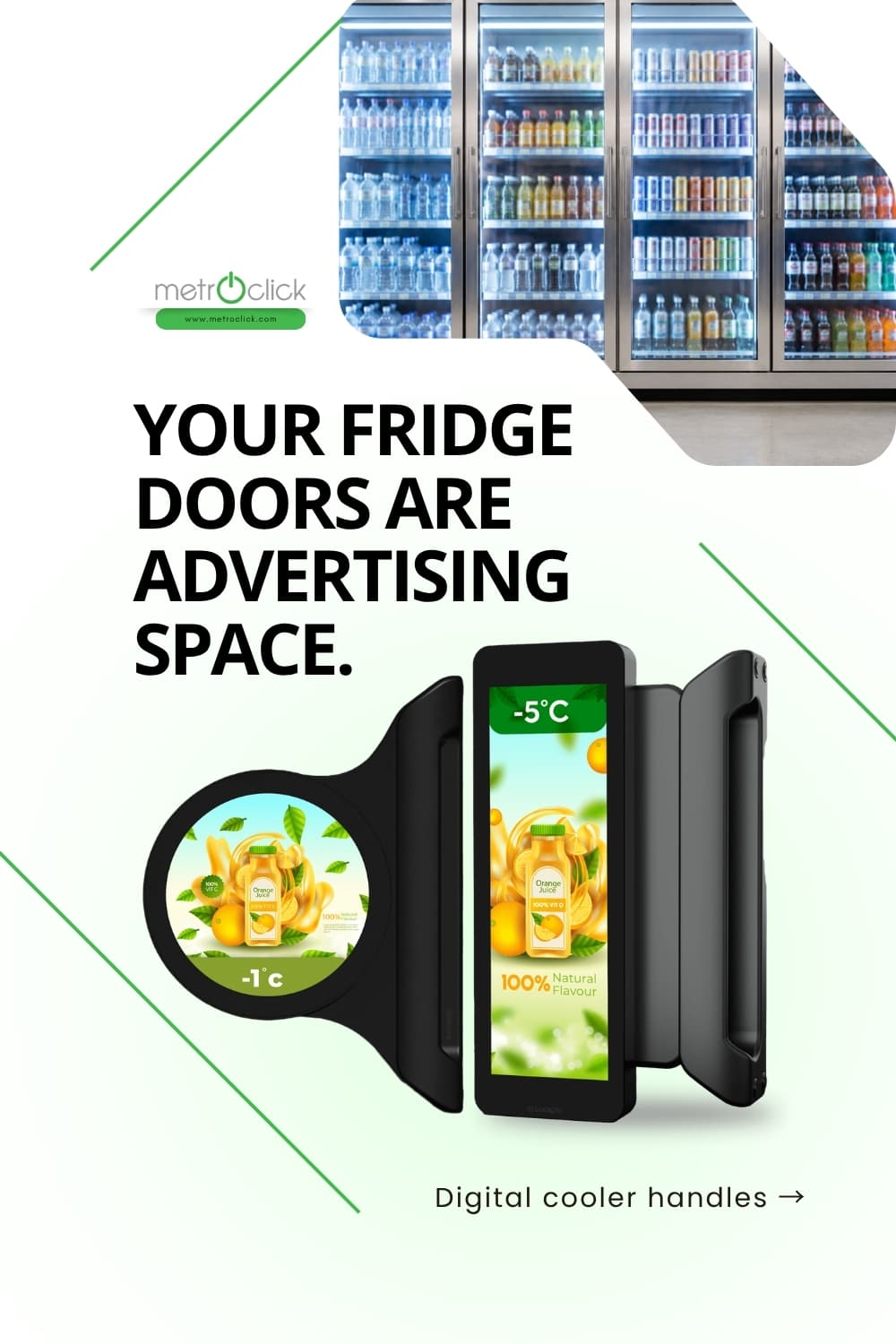 MetroClick pin 'Your Fridge Doors Are Advertising Space' with digital cooler-handle screens showing an orange juice ad