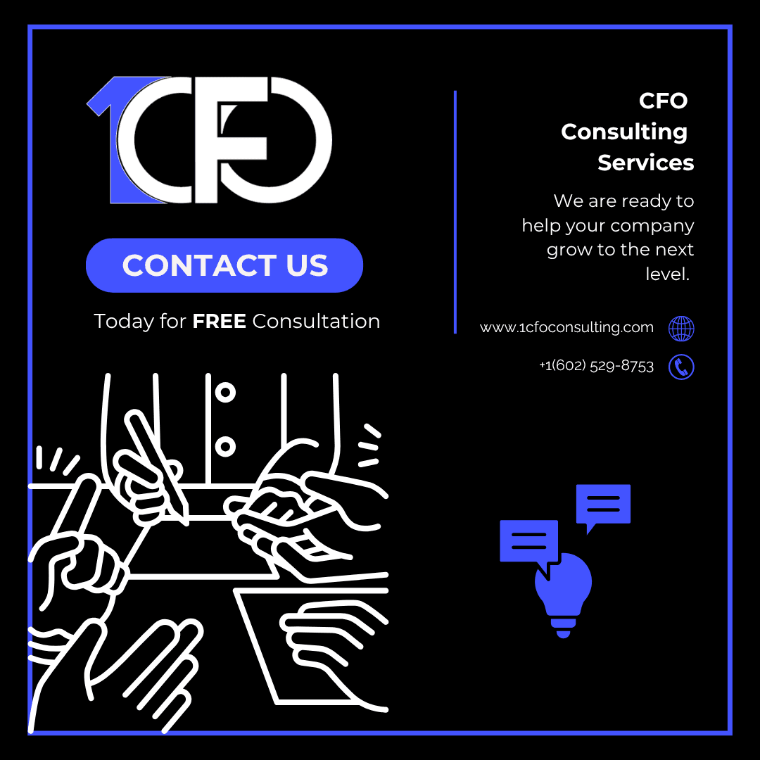 Black 1CFO contact card with a large logo, a 'Contact us today for free consultation' button, website and phone number, and white line-art of hands working at a table.