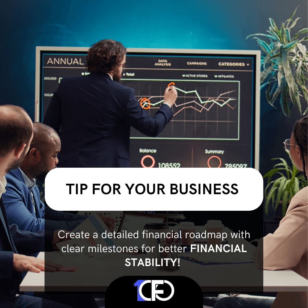 'Tip for your business' card over a boardroom photo, advising a detailed financial roadmap with clear milestones for better financial stability.