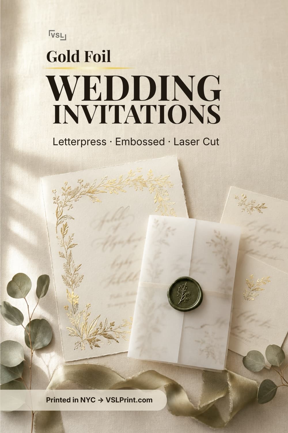 VSL Print pin 'Gold Foil Wedding Invitations' with gold-foiled cream invitations, a vellum wrap and a green wax seal