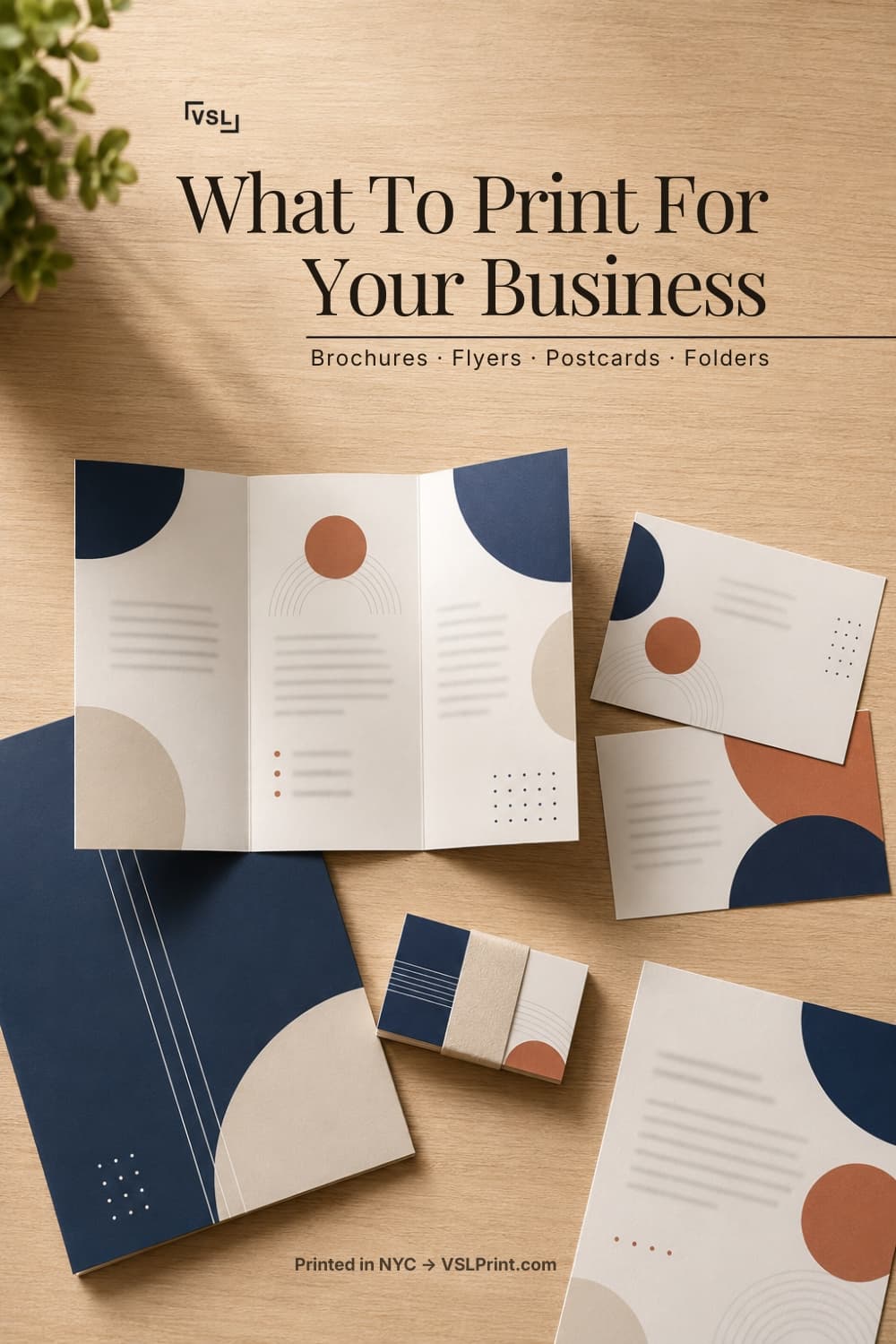 VSL Print pin 'What to Print for Your Business' with a flat lay of matching brochures, flyers, postcards and a folder on a wooden desk