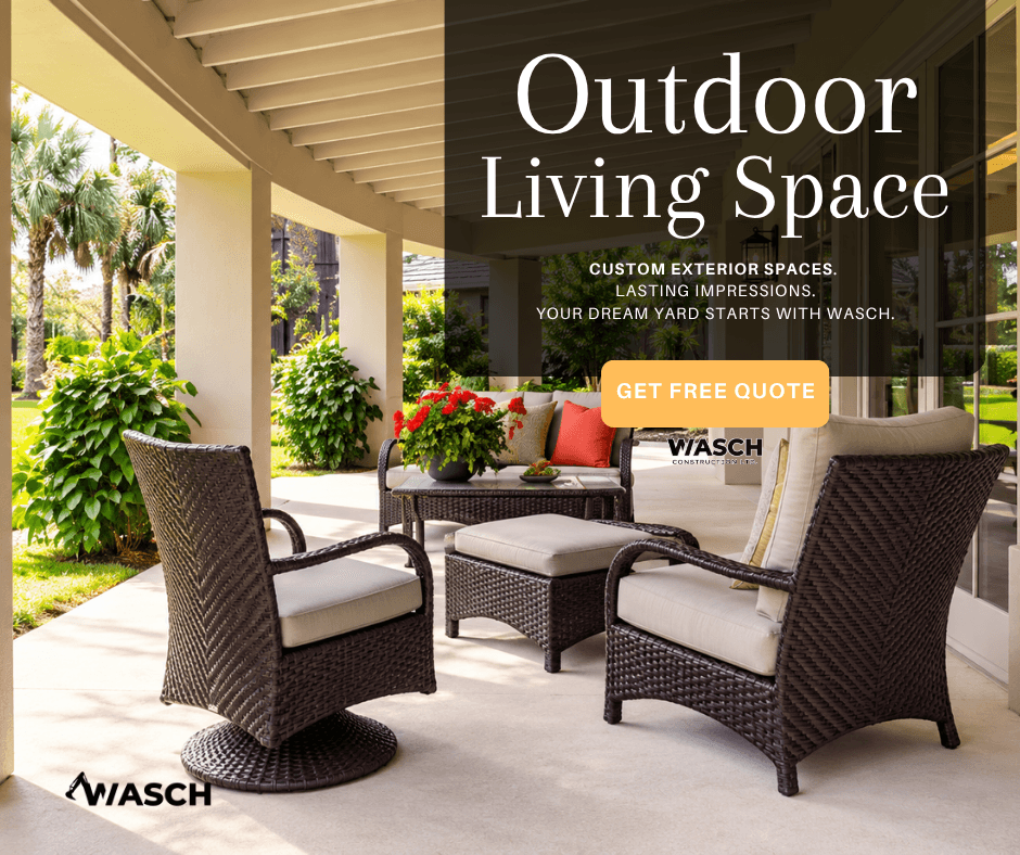 Landscape ad 'Outdoor Living Space' in serif type over a shaded patio with wicker seating and a Get Free Quote button