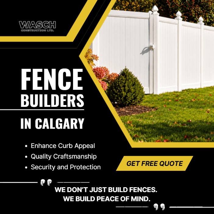 'Fence Builders in Calgary' post with a hexagon-cropped white vinyl fence photo, three benefit bullets and a yellow quote button