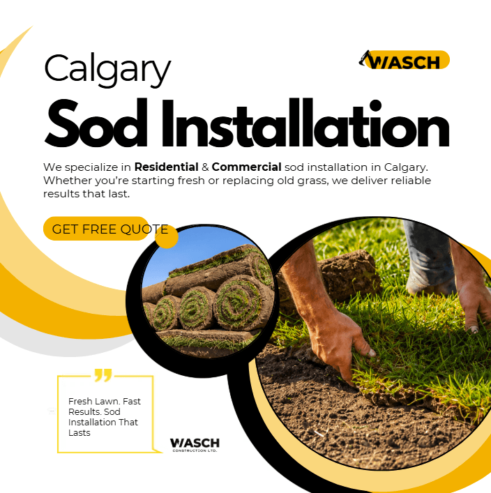 'Calgary Sod Installation' post in white and yellow with circular photos of sod rolls and hands laying turf